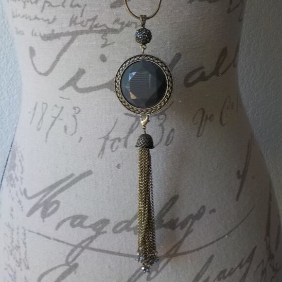 Long Golden Chain Necklace with Round Accent in Red Gray Golden Tassels Crystals - Picture 6 of 8